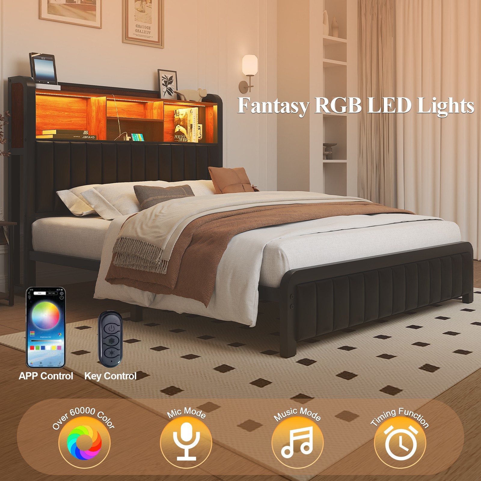 Full Queen Size Upholstered Bed Frame with Charging&Storage Headboard, LED Light gallery