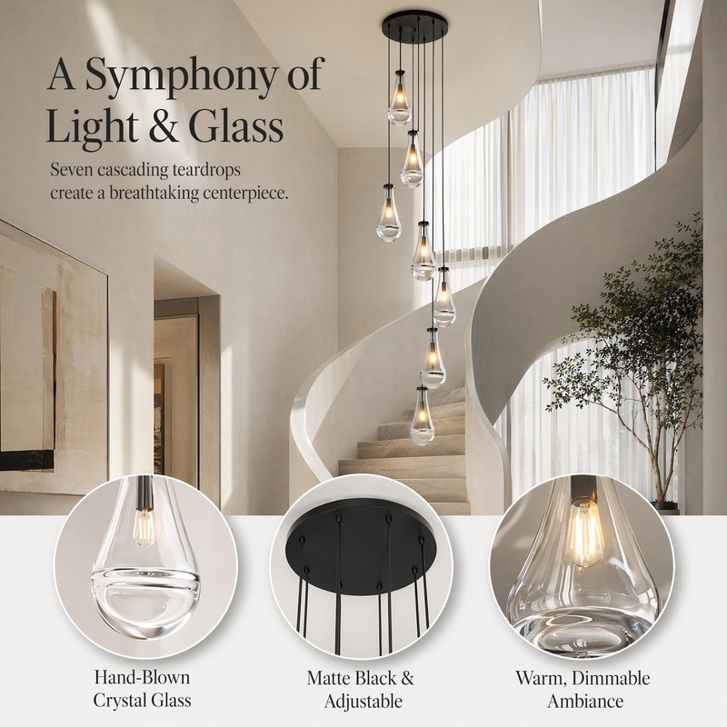 7-Light Raindrop Pendant LED Light Chandelier Kitchen Living Room Black Fixture gallery