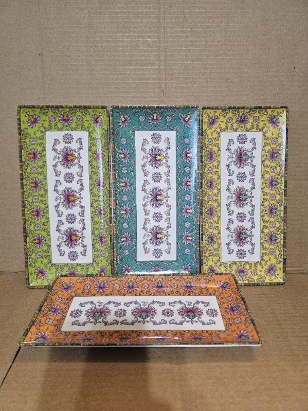 Set Of 4 WORLD MARKET Ceramic Rectangle Lotus Asian Boho Plates Trays Platters gallery