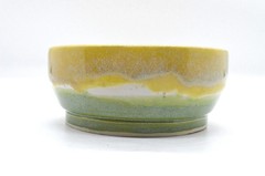 Handmade Round CeramicBonsai Pot Yellow Green Glaze Drainage Hole Wire Holes