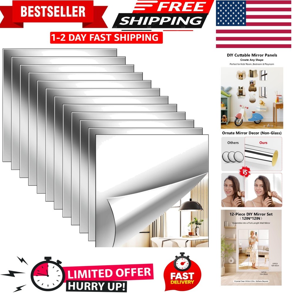 12Pack Acrylic Flexible Mirror Sheets,12x12 Inch Self-Adhesive Mirror Tiles
