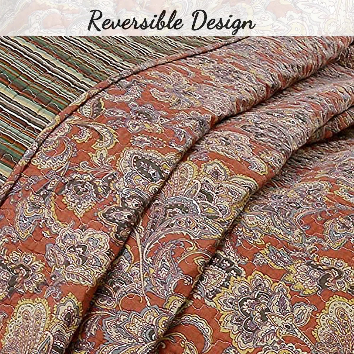 NEW! ~ COZY CHIC RICH BROWN COPPER GREY BLUE YELLOW SCROLL LEAF SOFT QUILT SET gallery