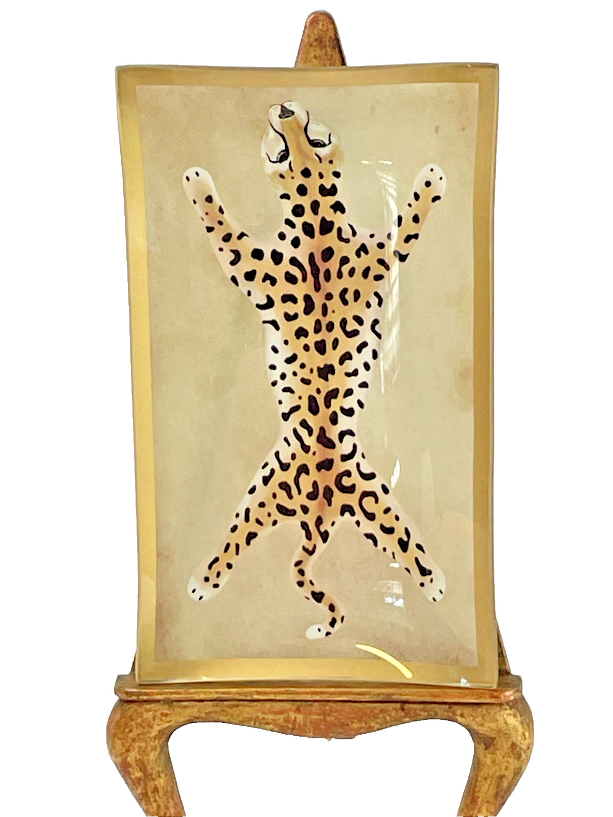 Dana Gibson ? Leopard Beige Orange Trinket Tray Gold Rim Small Glass Display 8" gallery