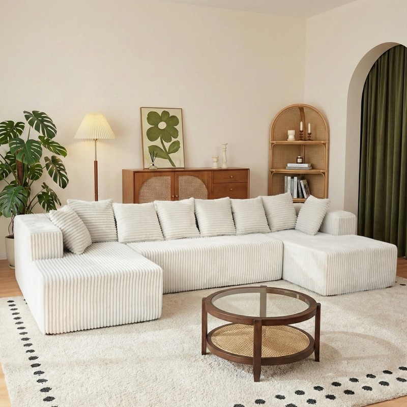 130" Cloud Corduroy U-Shaped Modular Sofa, No Assembly, Beige gallery
