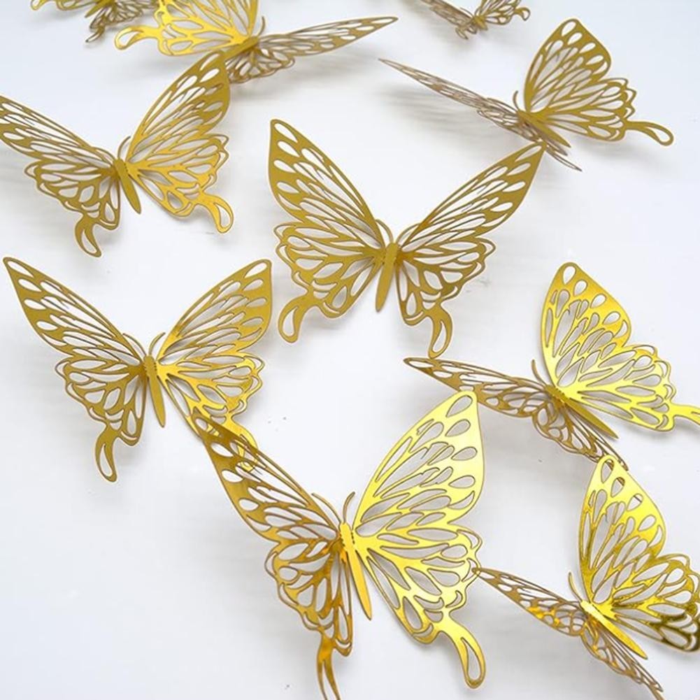 Gold 3D Butterfly Wall Decor 36 Pieces in Three Sizes 20cm 15cm 3cm Self gallery