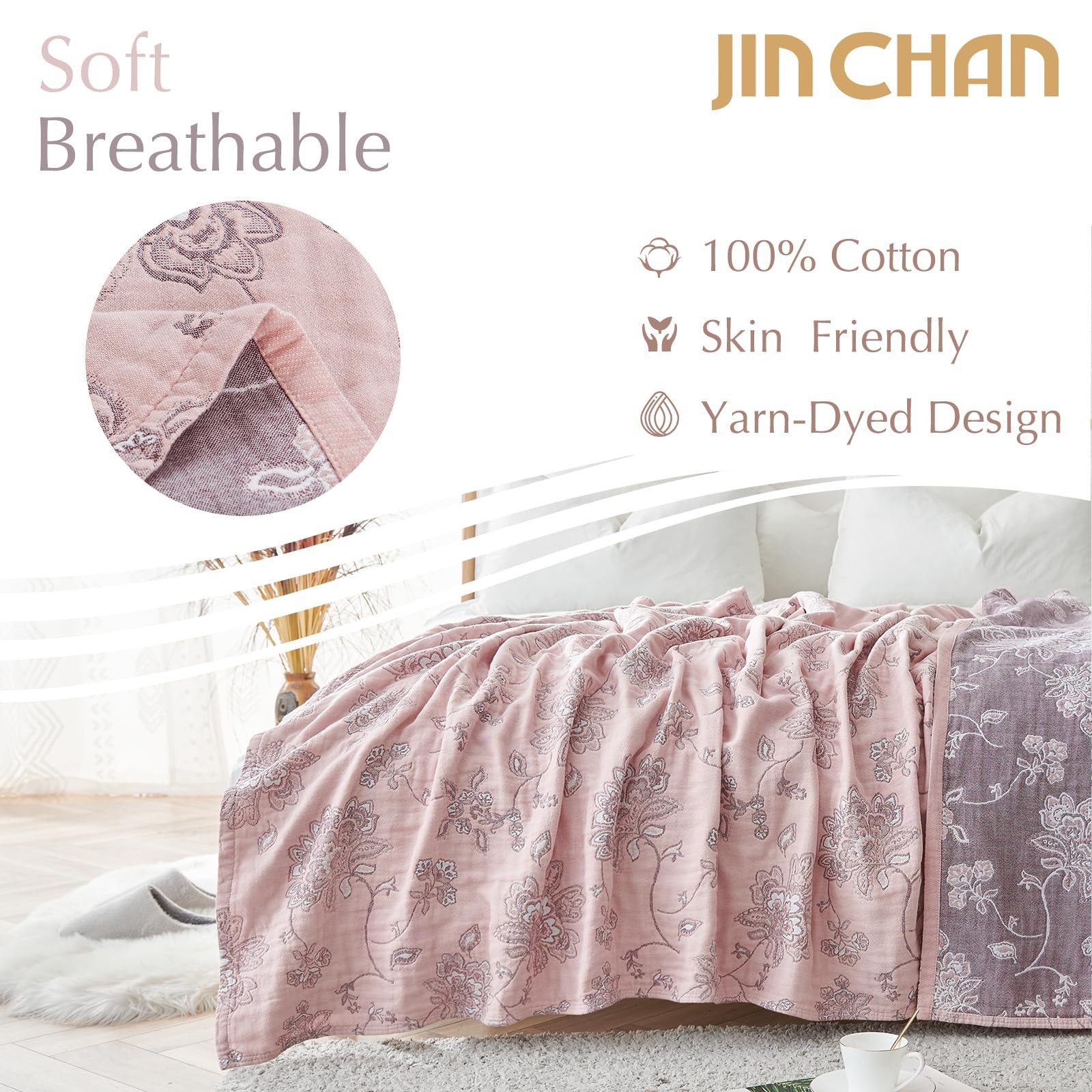 Boho 100% Cotton Muslin Queen Size 80x90 Inches Blanket Lightweight 4-Layer Q... gallery