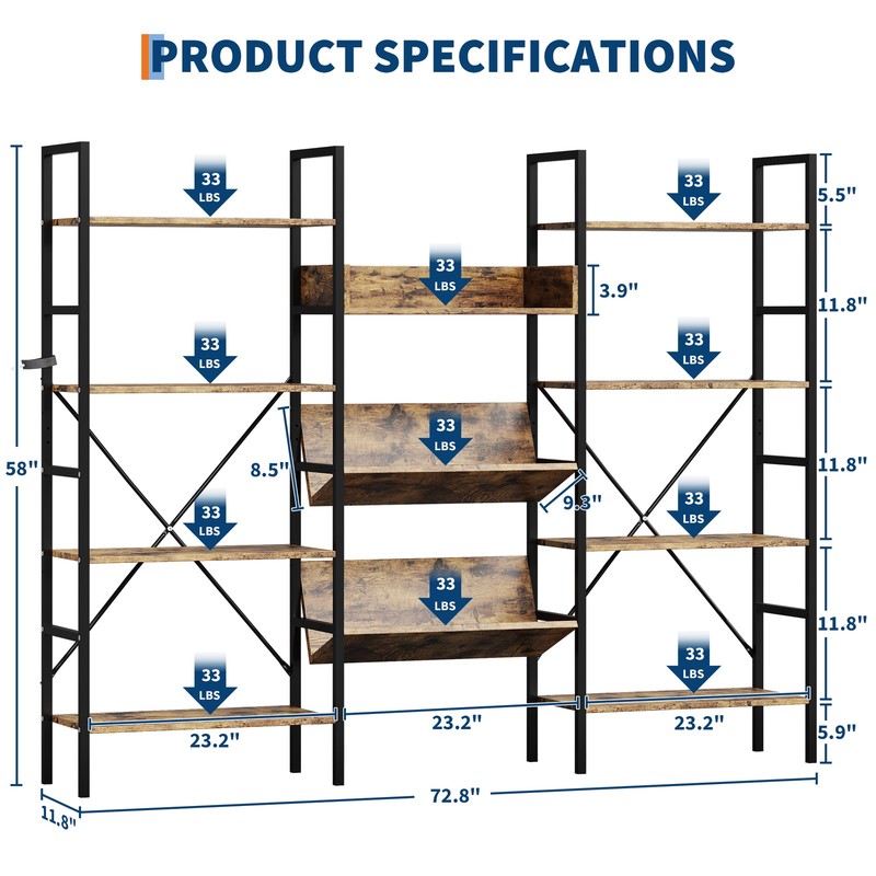 4 Tier Industrial Bookcase Adjustable MDF Shelves Metal Frame 100 Lbs Anti Tip gallery