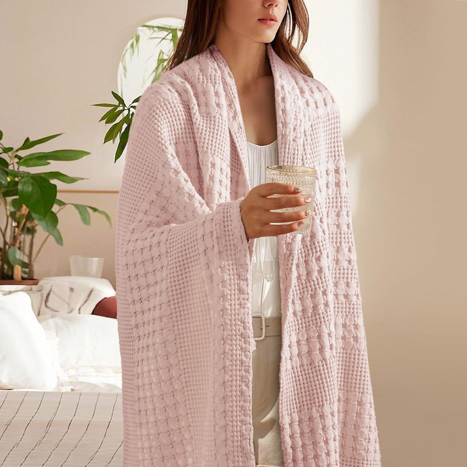 Pink Modern Waffle Pattern Cotton Throw Blanket gallery
