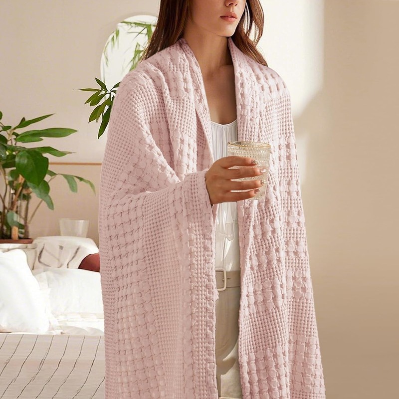 Pink Modern Waffle Pattern Cotton Throw Blanket gallery