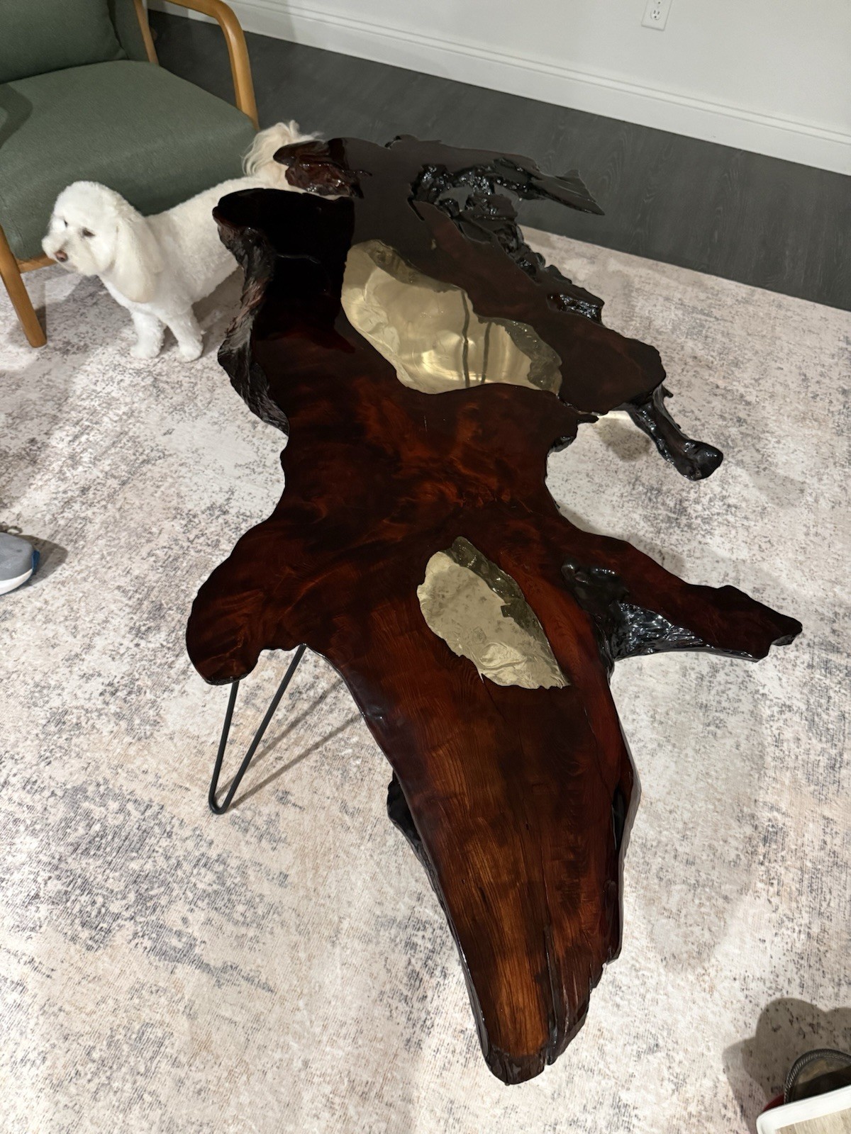 Live Edge Dark Wood & Resin Coffee Table, Free Form, Hairpin Metal Legs gallery