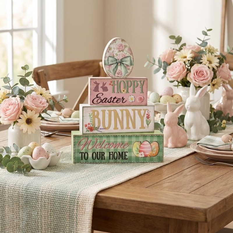 Easter Decorations, 4 Pcs Wooden Easter Table Decorations, Easter Egg Tiered Tra gallery