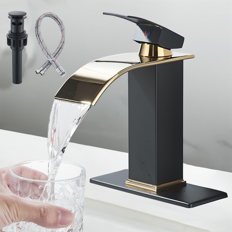 Waterfall Bathroom Sink Faucet Single Handle Basin Vanity Mixer Tap Black Gold gallery