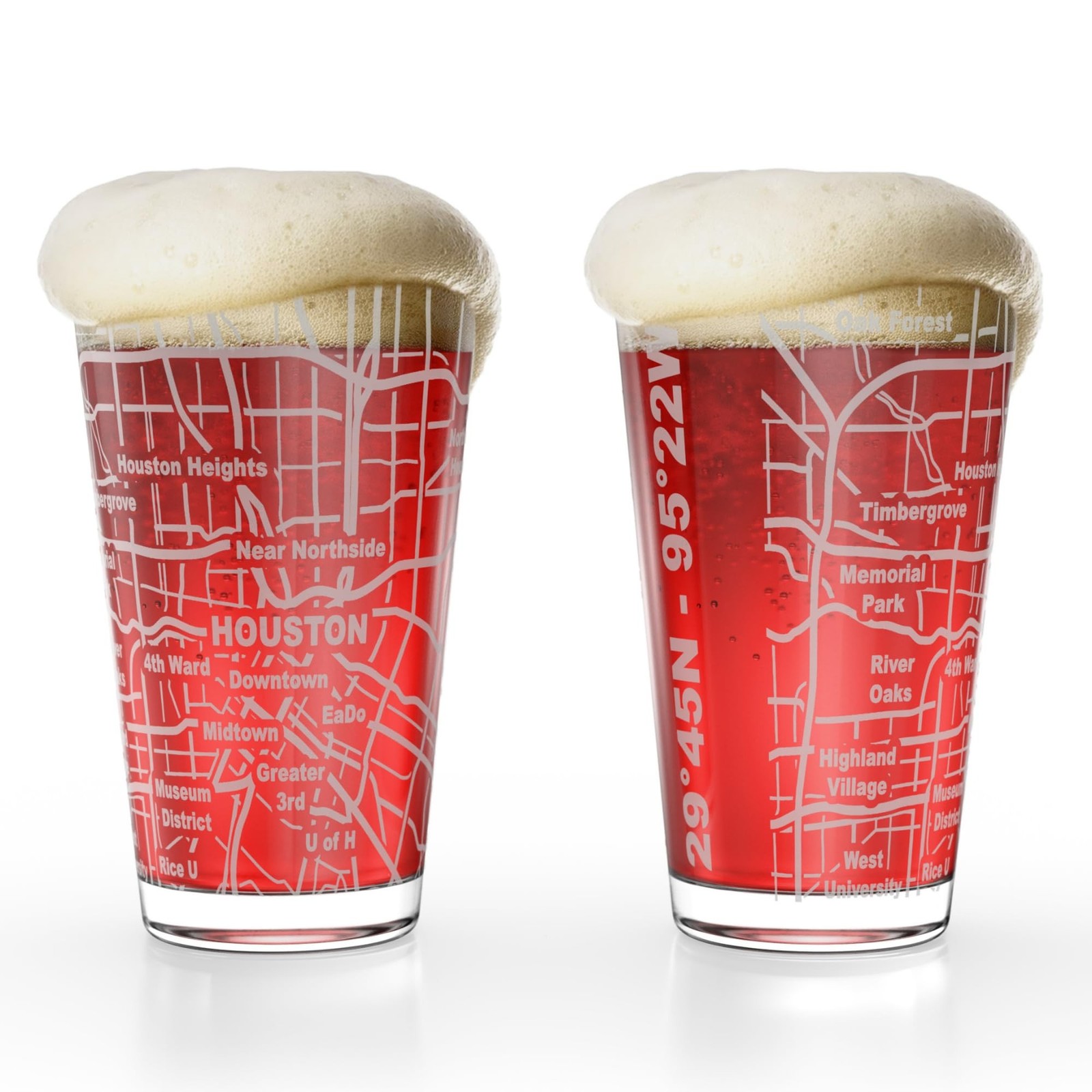 Greenline Goods – Houston, TX Map Pint Beer Glasses (Set of 2), 16 oz R gallery