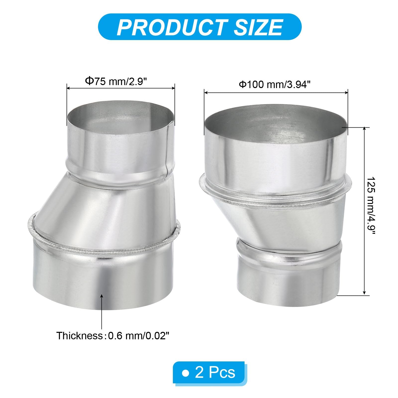 PATIKIL 4" to 3" Eccentric Duct Reducer, 2Pcs Galvanized Iron gallery