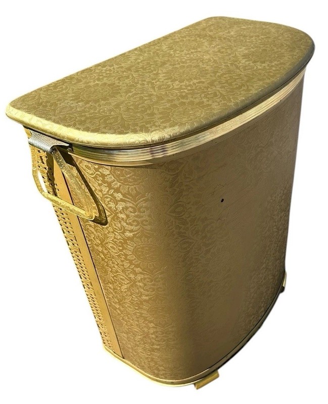 Pearl Wick Hamper Gold Wicker Laundry Basket 60s Vintage Hollywood Regency gallery