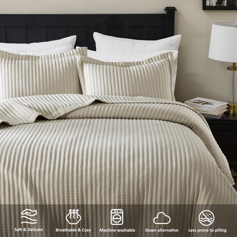 Beige Queen Size Quilt Set, Striped Pick Stitch Lightweight Bedspread, Soft C... gallery