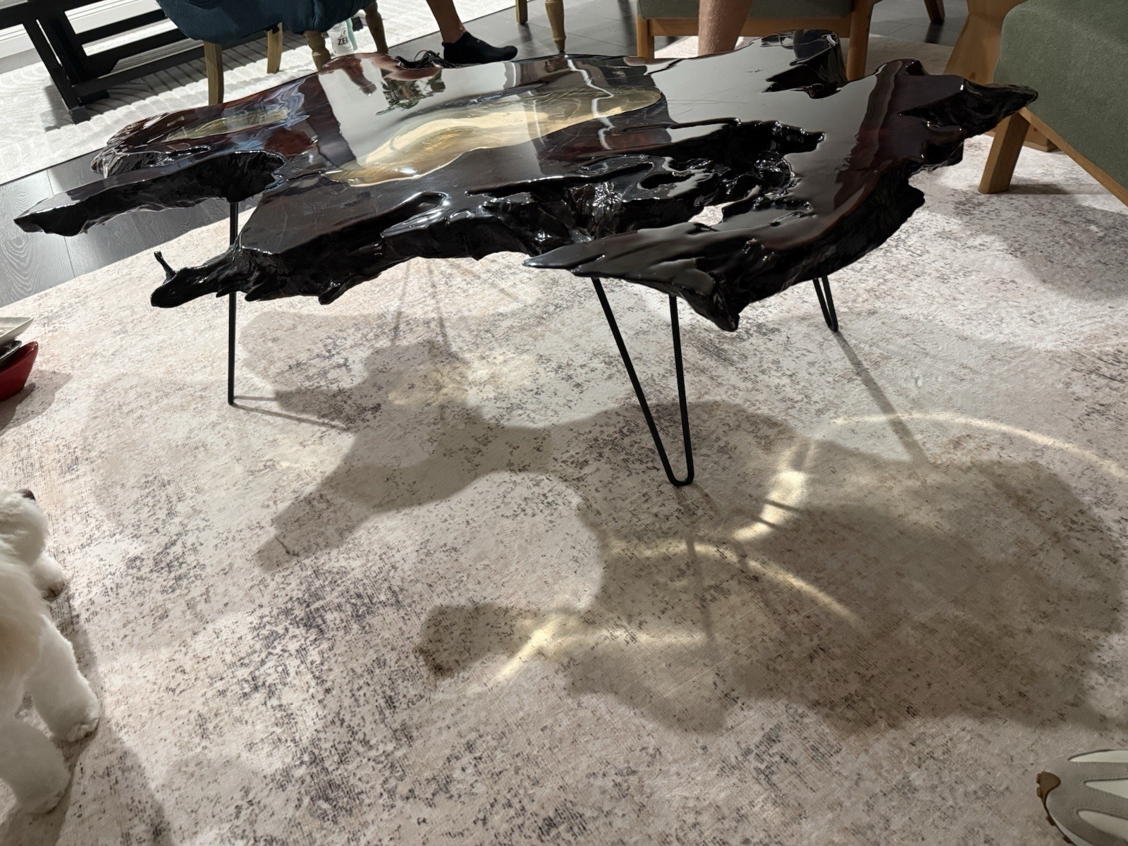 Live Edge Dark Wood & Resin Coffee Table, Free Form, Hairpin Metal Legs gallery