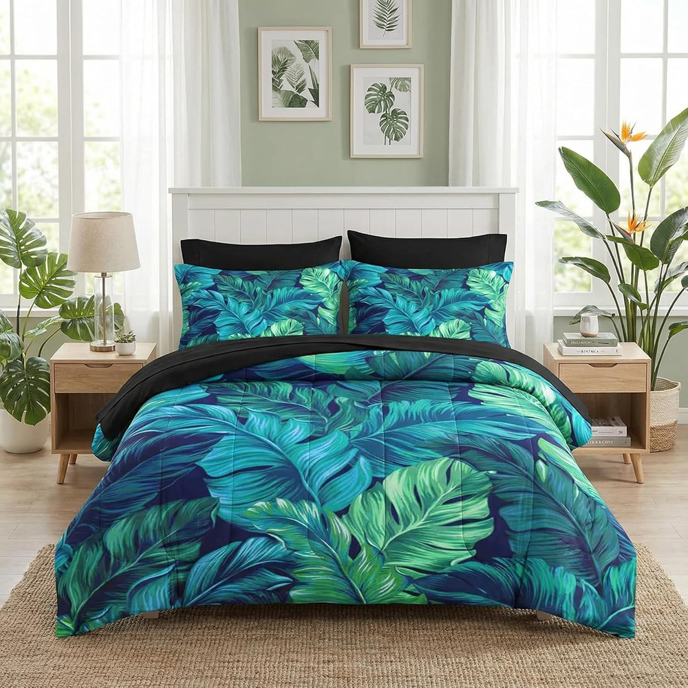 Tropical Palm Leaf King Size Comforter Set with Sheets & Pillowcases, 7 Pcs