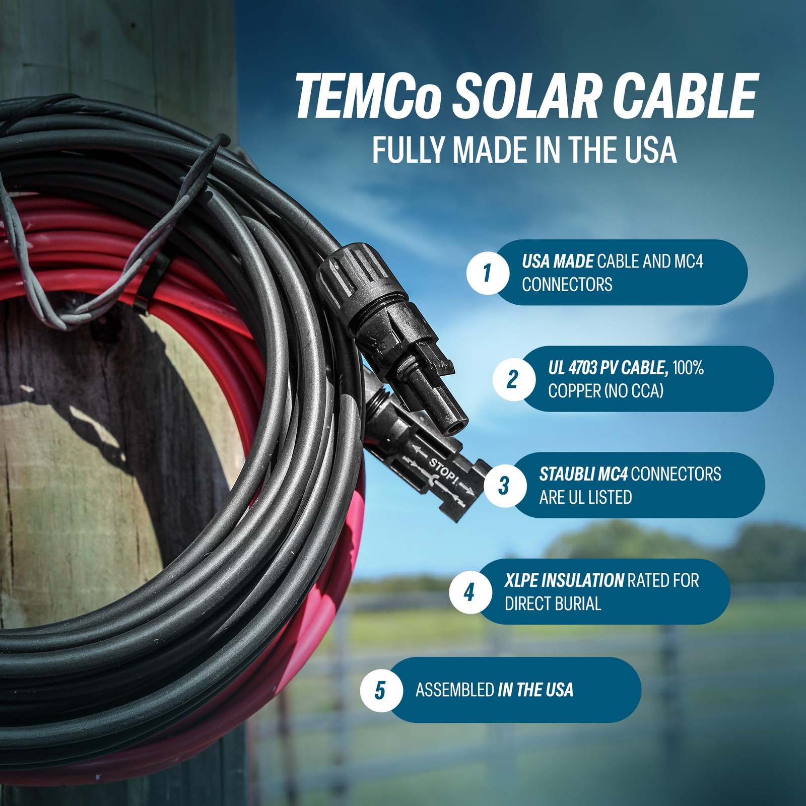 Panel Extension Cable 10 AWG 100 Ft Red Black MC4 TEMCo Solar w Staubli gallery