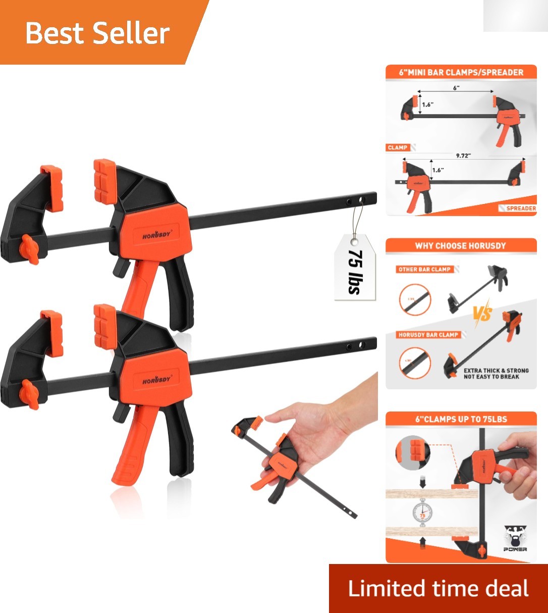 Economic 2-Pack 6" Mini Bar Clamps with 75 LBS Strength for Crafts & Repairs gallery