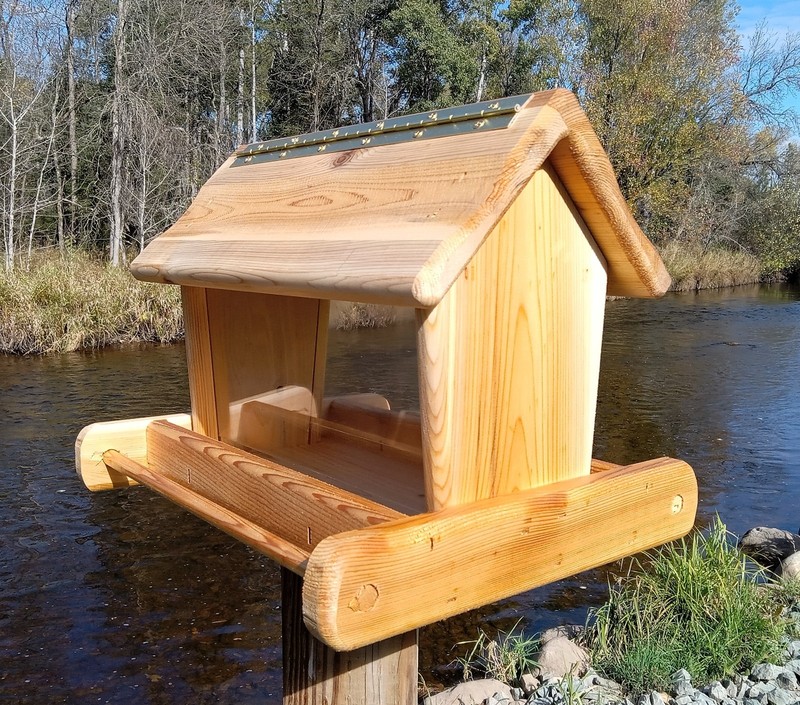 Rustic, large, handmade, cedar wood, square post mount bird feeder, TBNUP #1 gallery