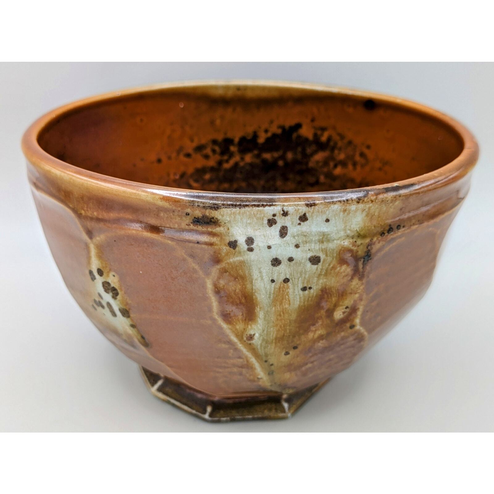 Vintage signed dated studio pottery bowl glossy matte glaze brown speckles gallery