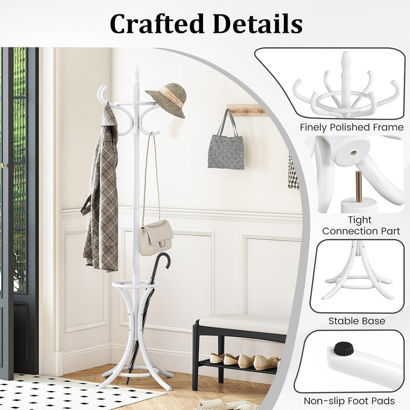 Wood Standing Hat Coat Rack with Umbrella Stand-Natural - Color: white gallery