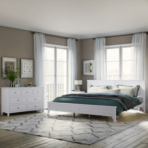 3 Pieces Bedroom Sets Full Queen King Size Platform Bed Frame Nightstand Dresser gallery