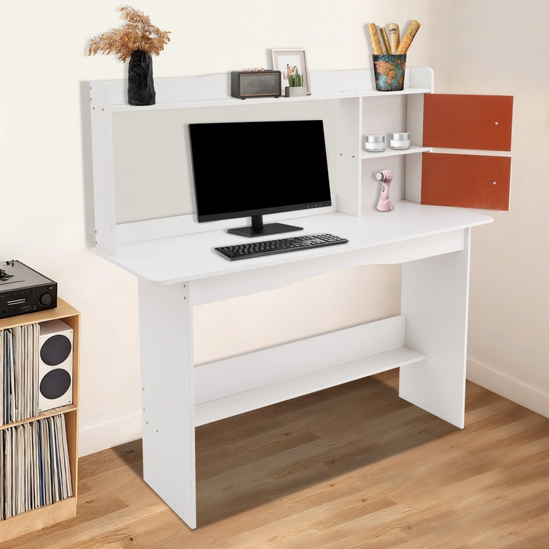 White Computer Desk with 2-tier Shelves, Writing Study Desk for Home Office gallery