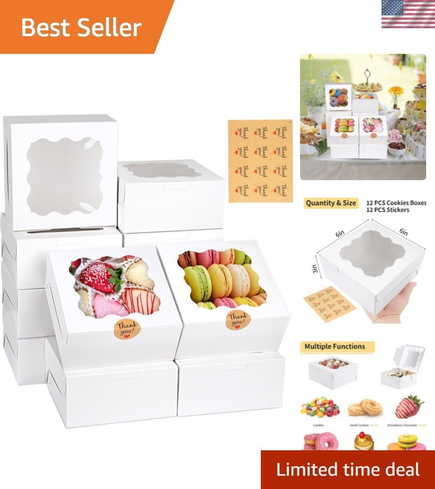 12 Pieces Cookie Boxes with Window, 6×6×3 Inches Treat Boxes for Bakery Desse...