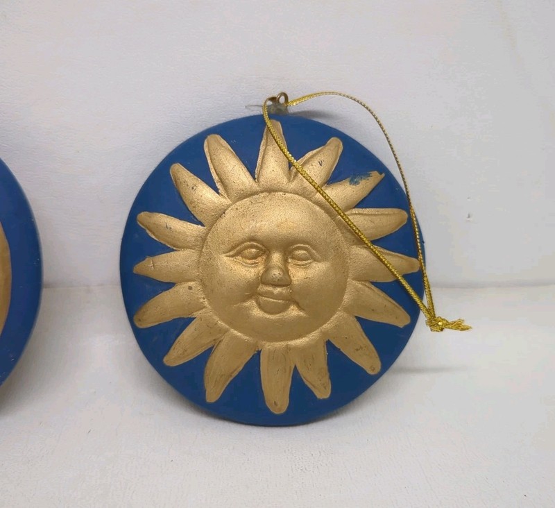 Ceramic Celestial Sun & Moon Ornament Set Blue & Gold 3" Across Double Sided 3D gallery