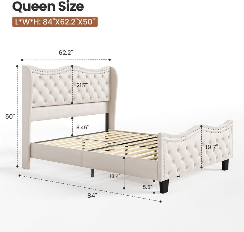 50" Tall Queen Wingback Bed Frame, Cream Ivory Velvet Button Headboard Footboard gallery