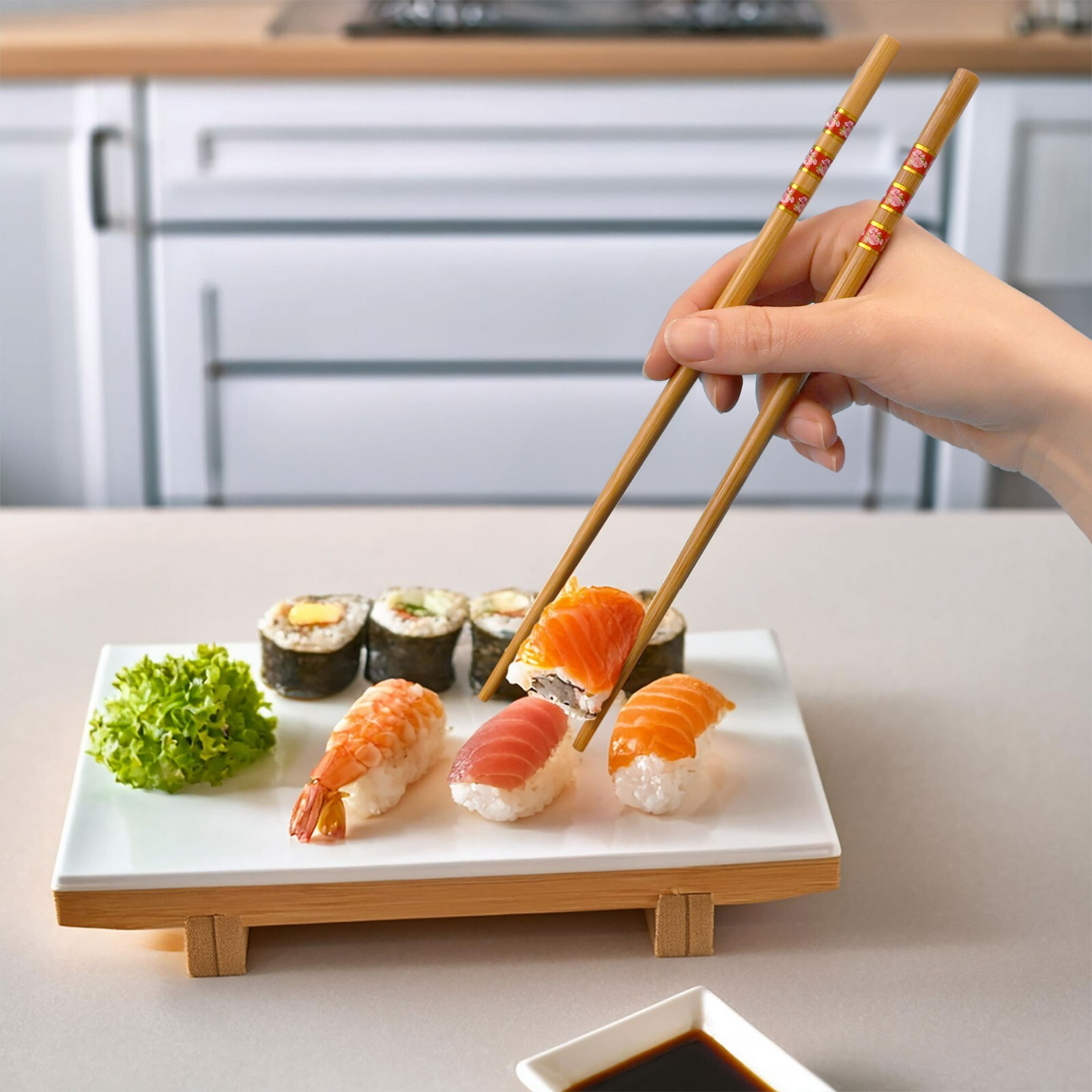 BambooMN Premium Chopsticks, Flower Print with Gold Stripes, 9.5 inch - 6 Pairs gallery