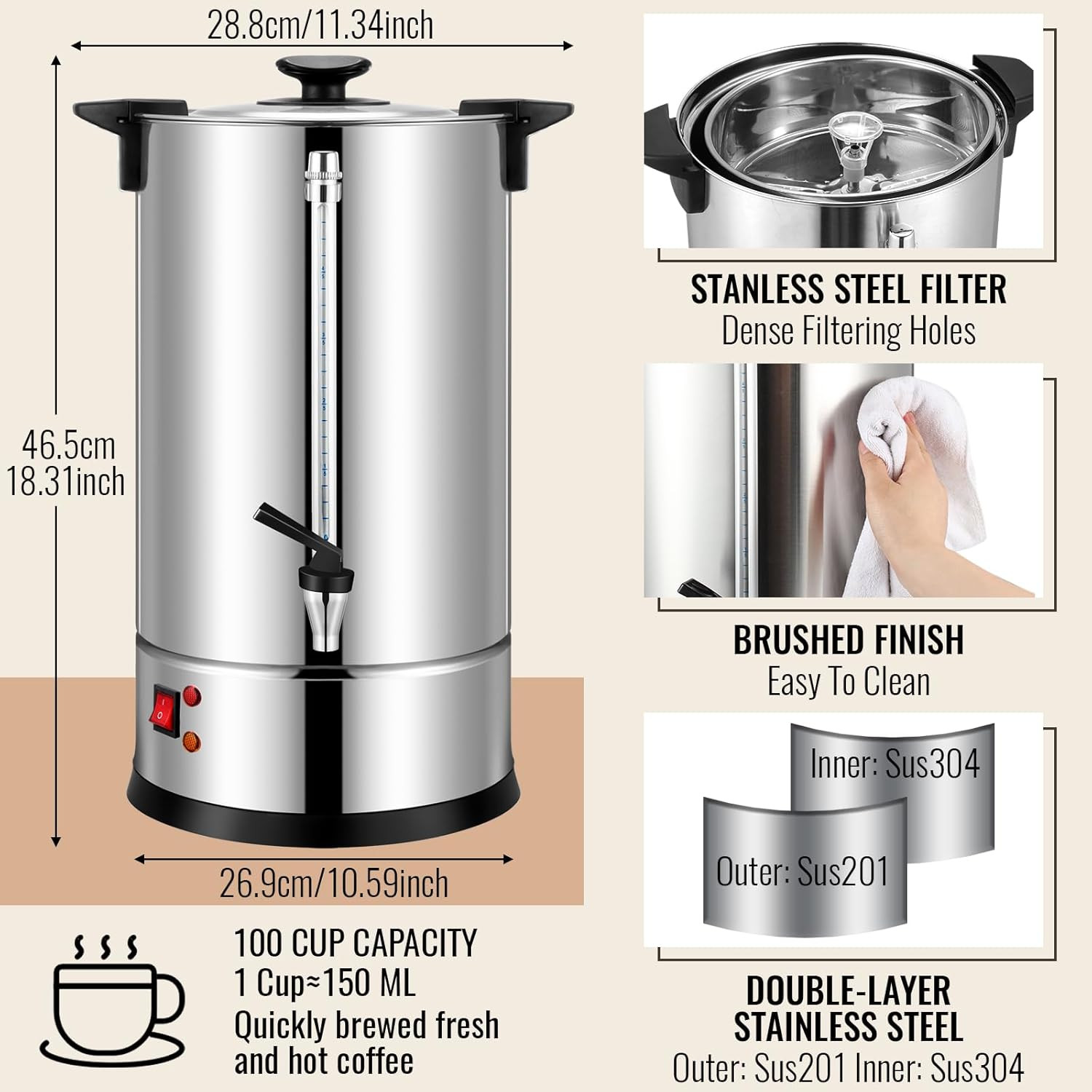 100-Cup Stainless Steel Electric Coffee Urn for Parties & Events gallery