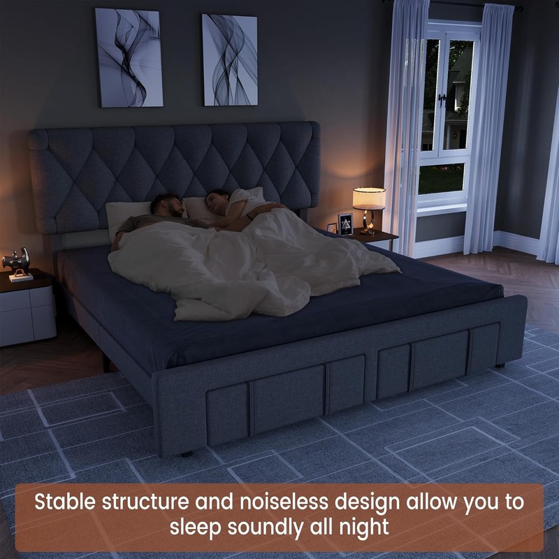 Queen Size Bed Frame, Upholstered Platform Bed Frame with 2 Storage Drawers gallery