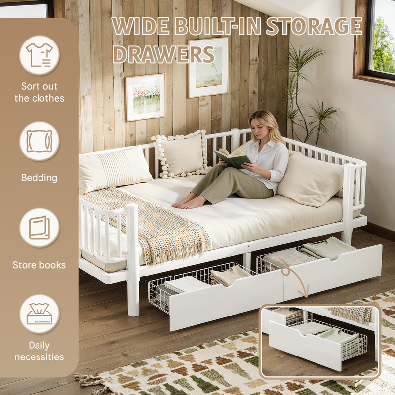 Full Size Metal MDF Platform Bed Frame Daybed Slatted W/ Storage Drawers White gallery