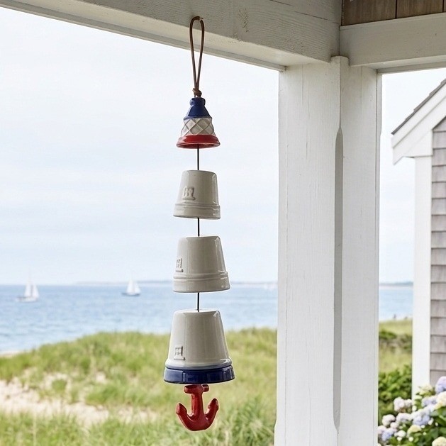 Nautical Ceramic Wind Chime Red White Blue Tiered Bells with Anchor Cottagecore gallery