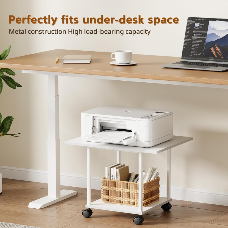 2-Tier Industrial Mobile Printer Stand, Rolling Cart with Storage Shelf, Lockabl gallery