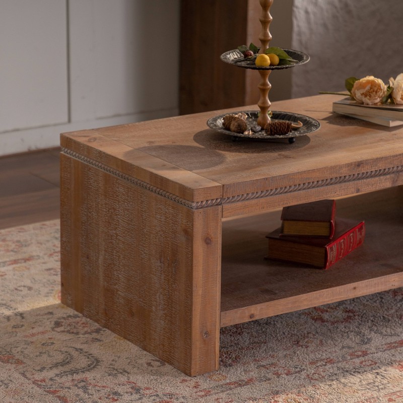 Rectangle Solid Wood Coffee Table 2-Tier Rustic Coffee Table with Storage Shelf gallery