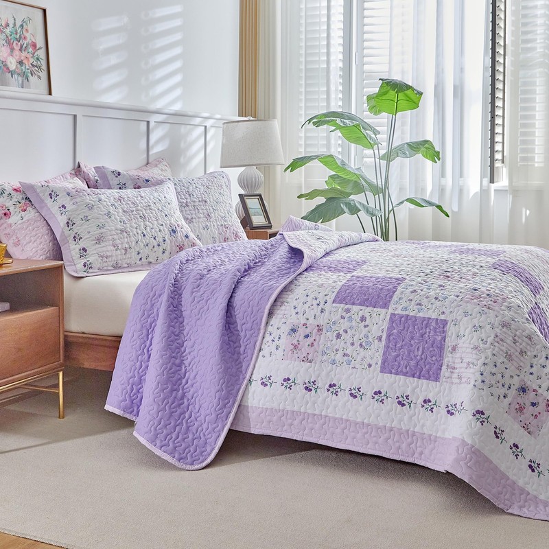 Patchwork Quilt Set California King Size,3 Pieces Purple White Pink Floral Pl... gallery