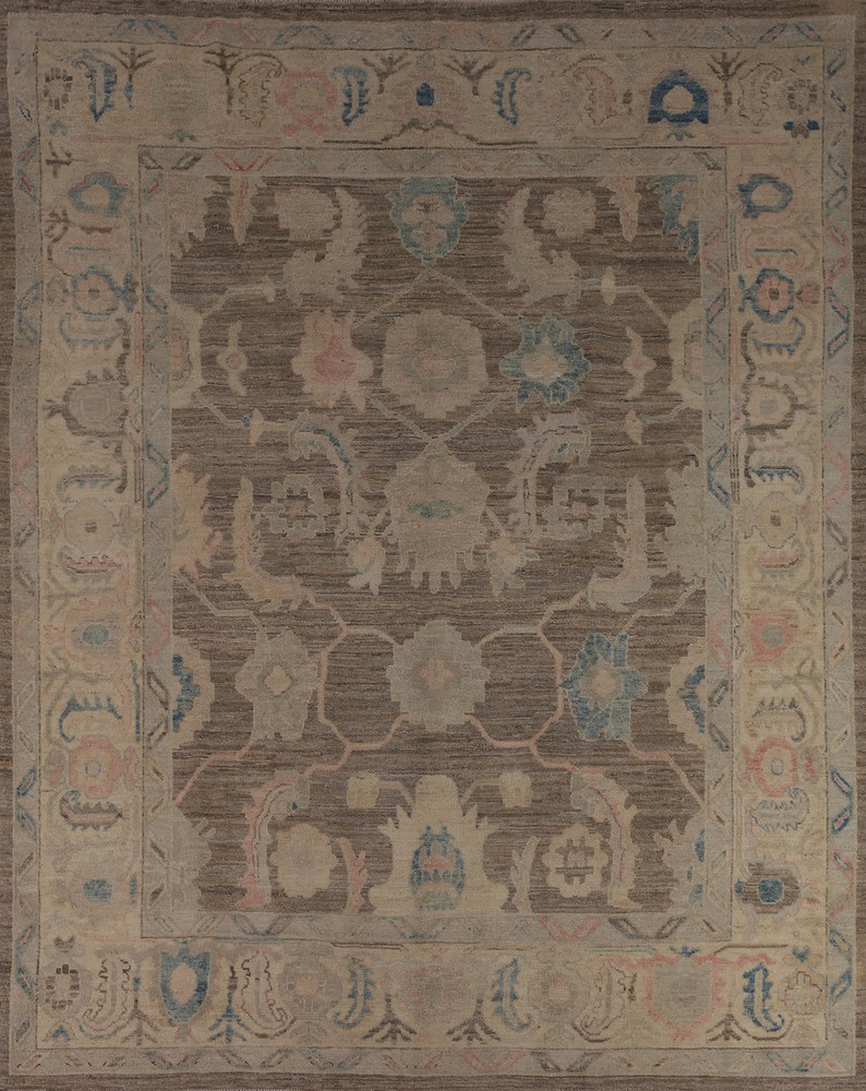 Brown/ Ivory Wool Authentic Oushak Vegetable Dye Turkish Rug 8x10 Handmade