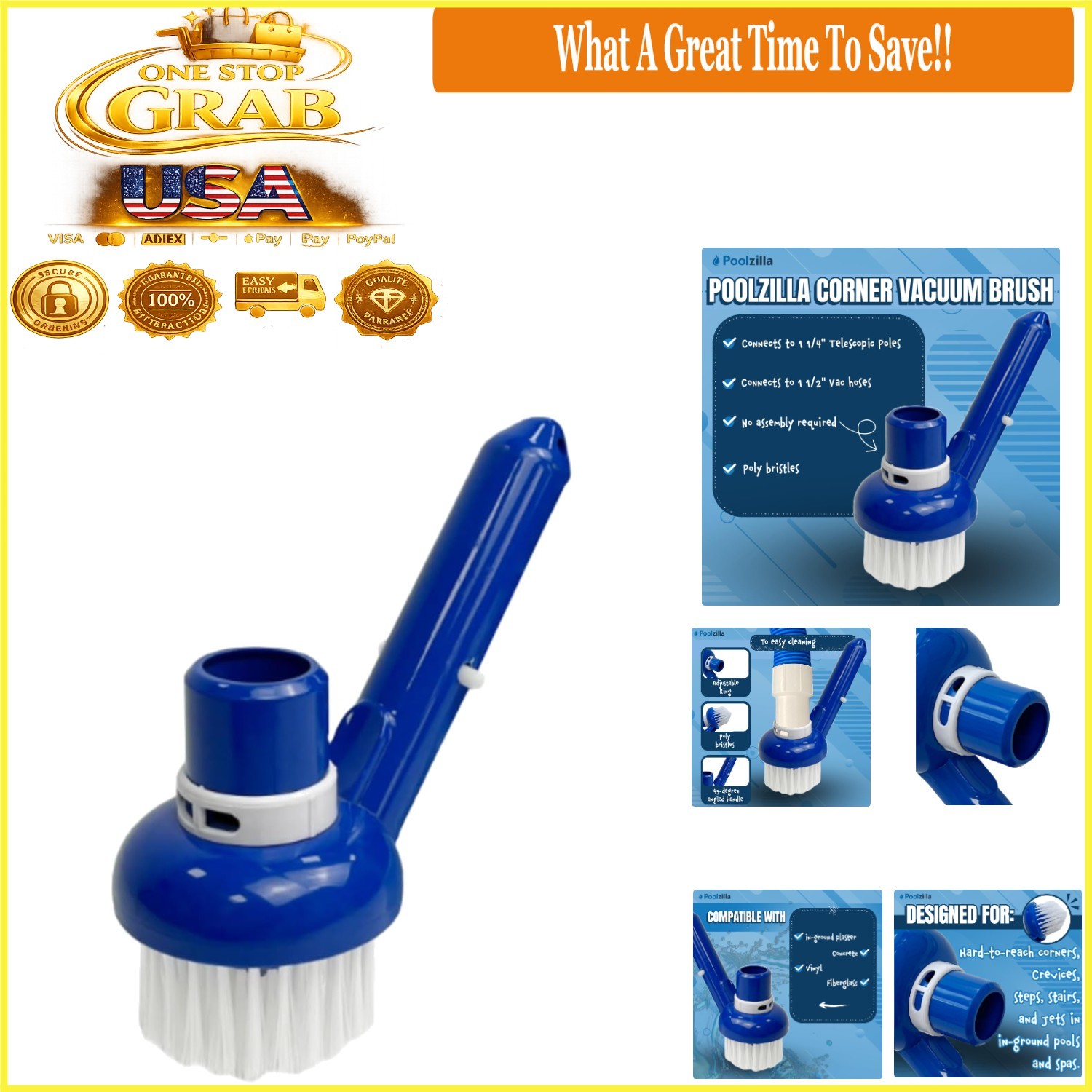 Pool Corner Vacuum Brush with Adjustable Ring for Concrete Vinyl Pools gallery