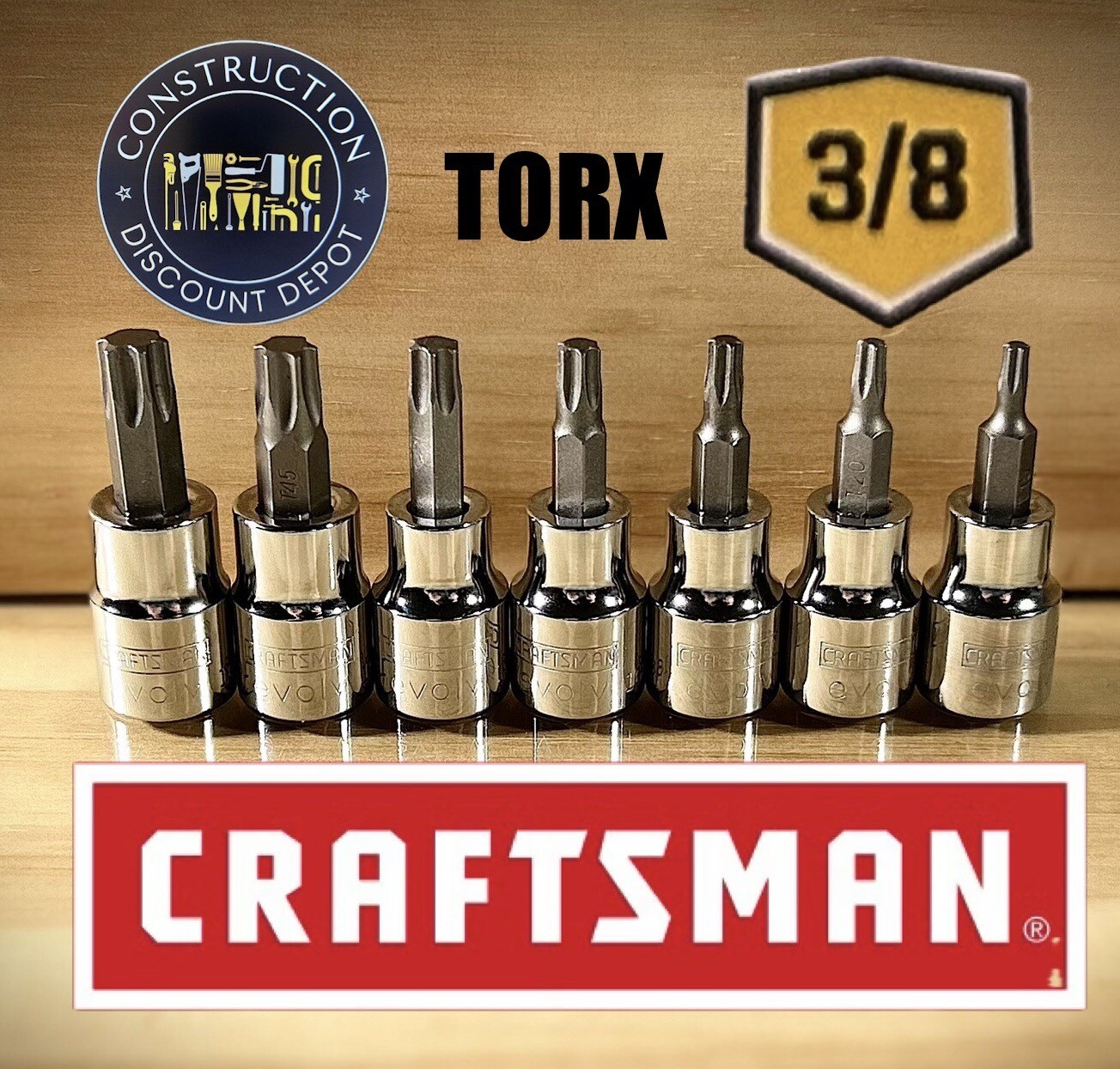 Craftsman Evolv 7 pc Torx Bit 3/8" Drive Socket Set T15 T20 T25 T30 T40 T45 T50 gallery