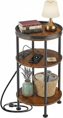 Small Round Side Table W/ Charging Station Small Spaces 3-Tier Round Accent