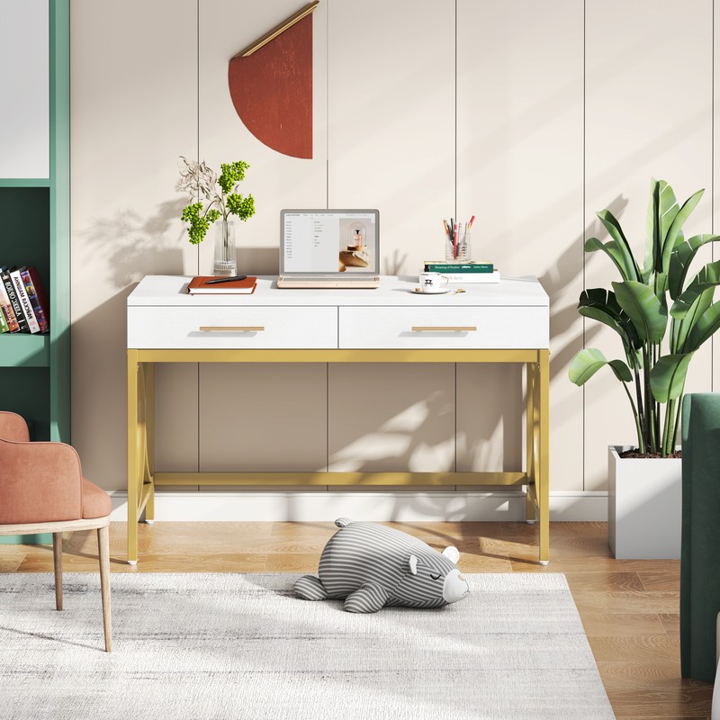 White Gold Computer Desk 2 Drawer Study Writing Table for Home Office Wood Metal gallery