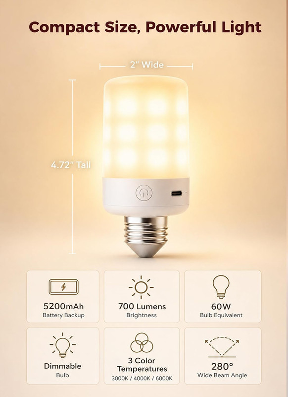 Brightown 5200mAh E26 Rechargeable Light Bulbs, Battery Light Bulb for Power Out gallery