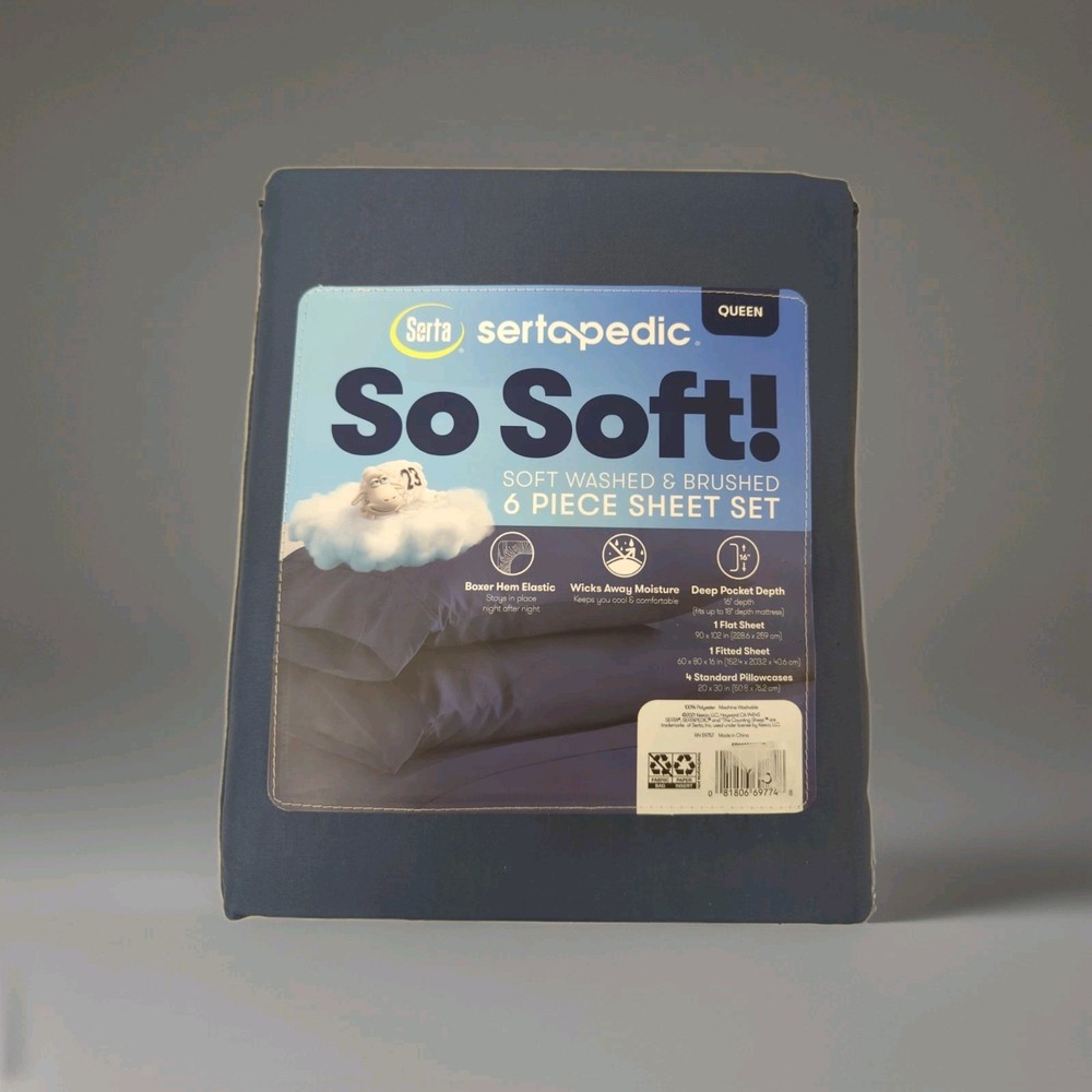Serta Sheet Set Queen So Soft 6 PC Deep Pocket Boxer Hem Cool Comfort Navy Blue