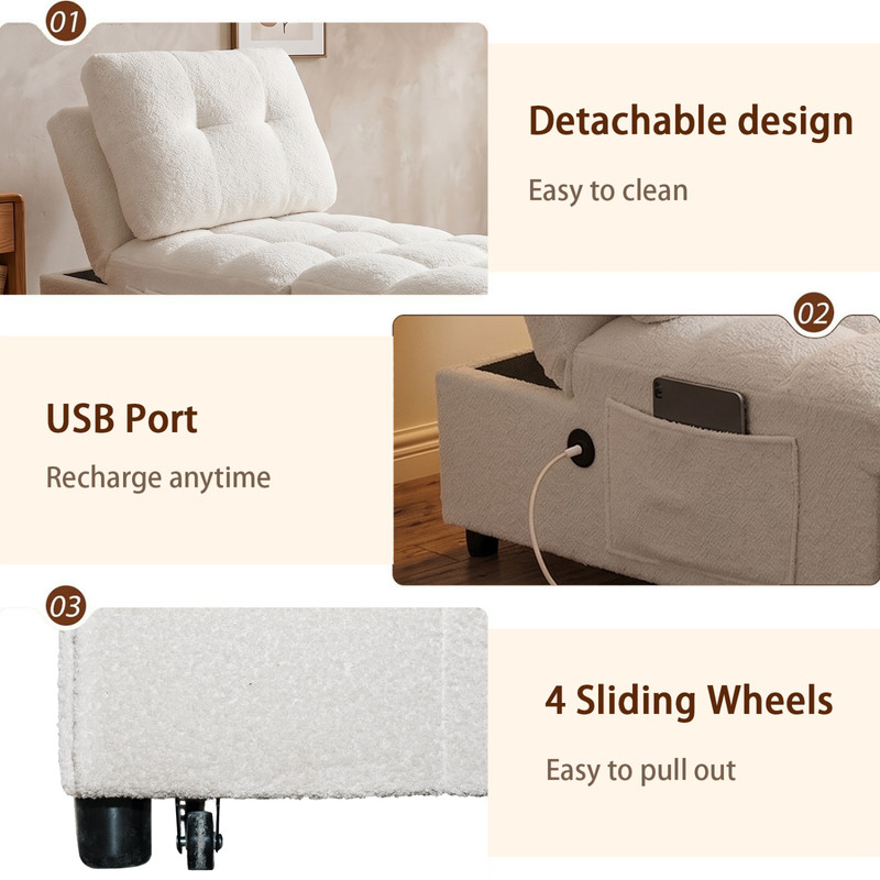 Modern Single Sleeper Sofa Bed with USB Port Armless Adjustable Backrest White gallery