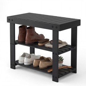 19" Bamboo Shoe Rack & Bench, 3-Tier 280 lb Capacity, Entryway Organizer, Black gallery