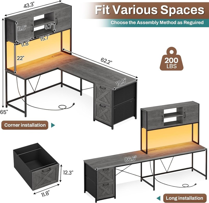 L Shaped Computer Desk with Led Lights, Hutch and Power Outlet, Home Office Desk gallery